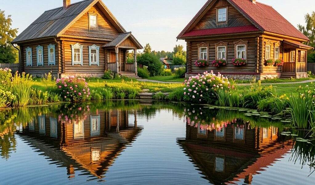 деревня, дома, пруд