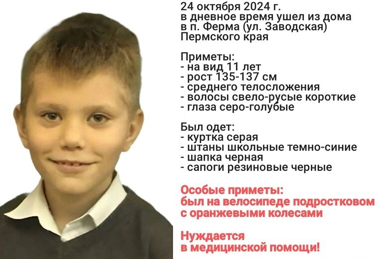 В Пермском округе пропал ребёнок, нуждающийся в медицинской помощи