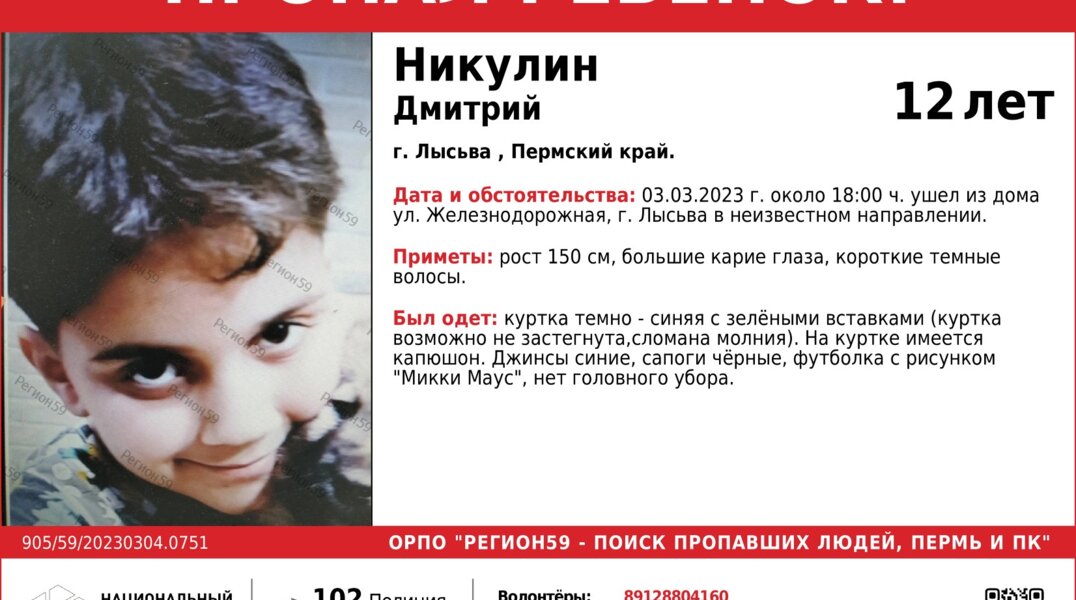 В Лысьве без вести пропал 12-летний мальчик