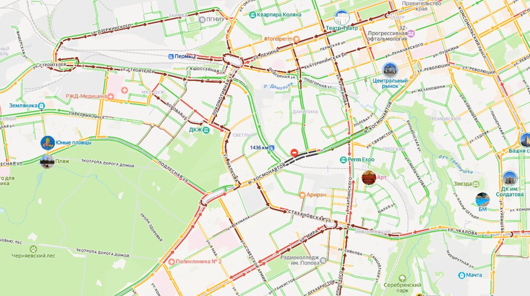 Карты стали бордовыми: пробки сковали часть Перми после закрытия путепровода на шоссе Космонавтов