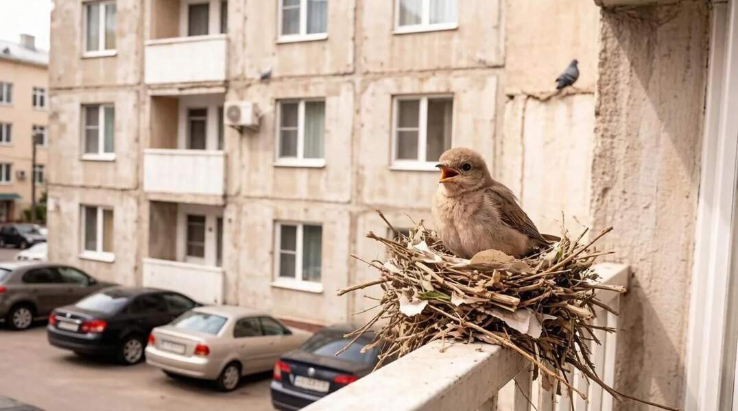 Птенец на балконе 