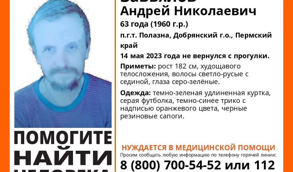 В Пермском крае после прогулки не вернулся домой 63-летний мужчина