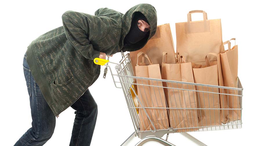thief in dark clothes and balaclava with shopping cart full of papers bags