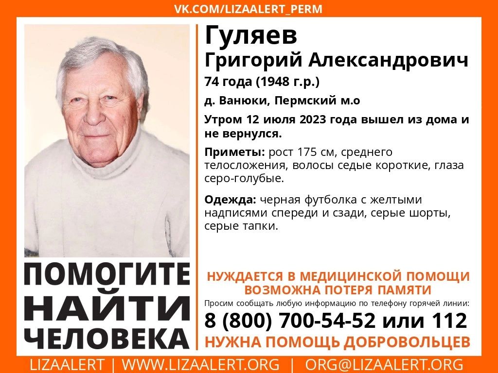 В Пермском крае пропал 74-летний мужчина, который нуждается в медицинской  помощи — В курсе.ру